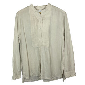 Women's Large Ines De Fressange Tan Linen Pleated Button Down Shirt